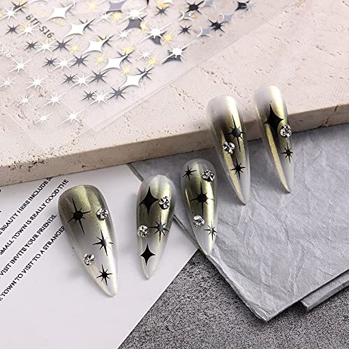 8 Sheet Shiny Gold Stars Nail Stickers Silver 3D Four-Pointed Star Nail