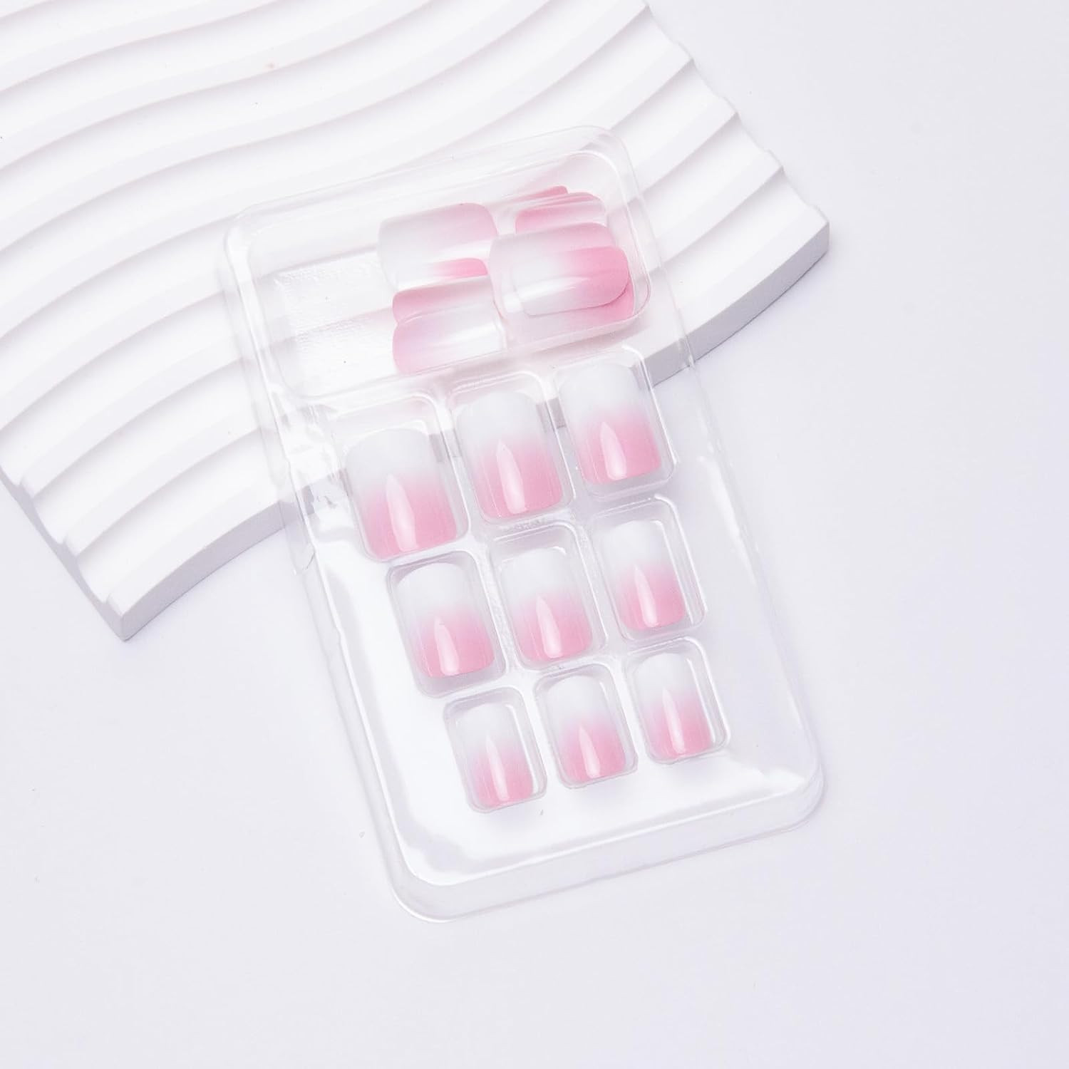 24Pcs Ombre Press on Nails Medium Square Acrylic Fake Nails Pink White Gradation
