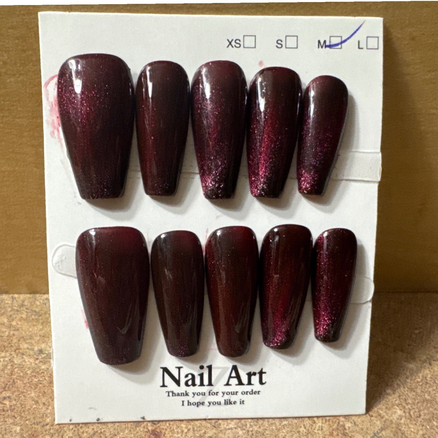 Burgundy Cat Eye Press On Nails Medium Coffin Shimmer Wine Red 10pc Set