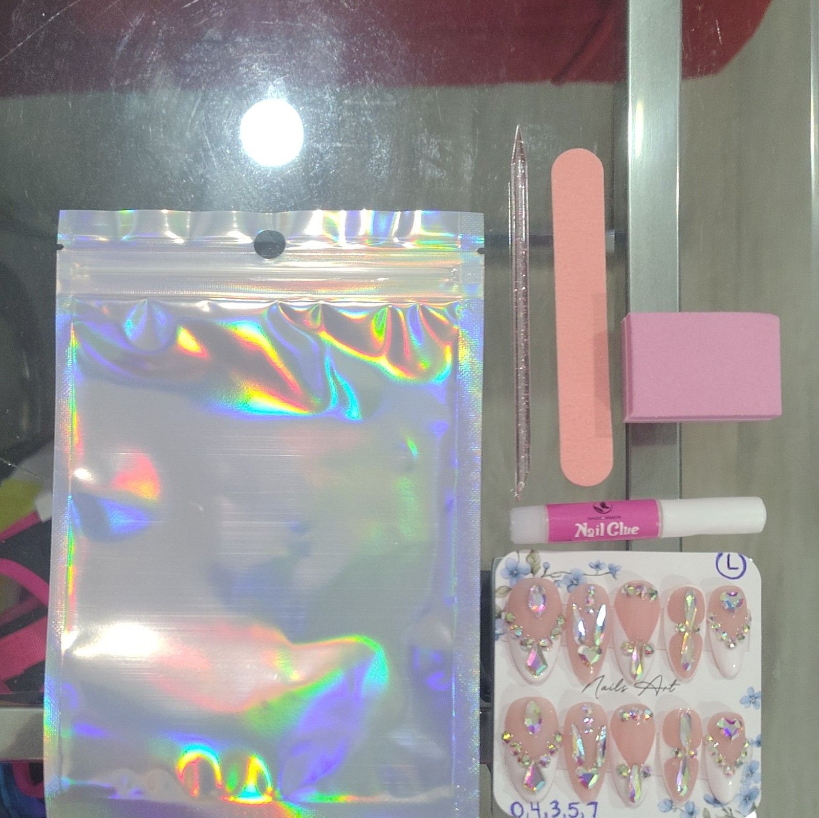 3D Rhinestone Press-On Nails Pink White Long Almond Full Cover Size Large
