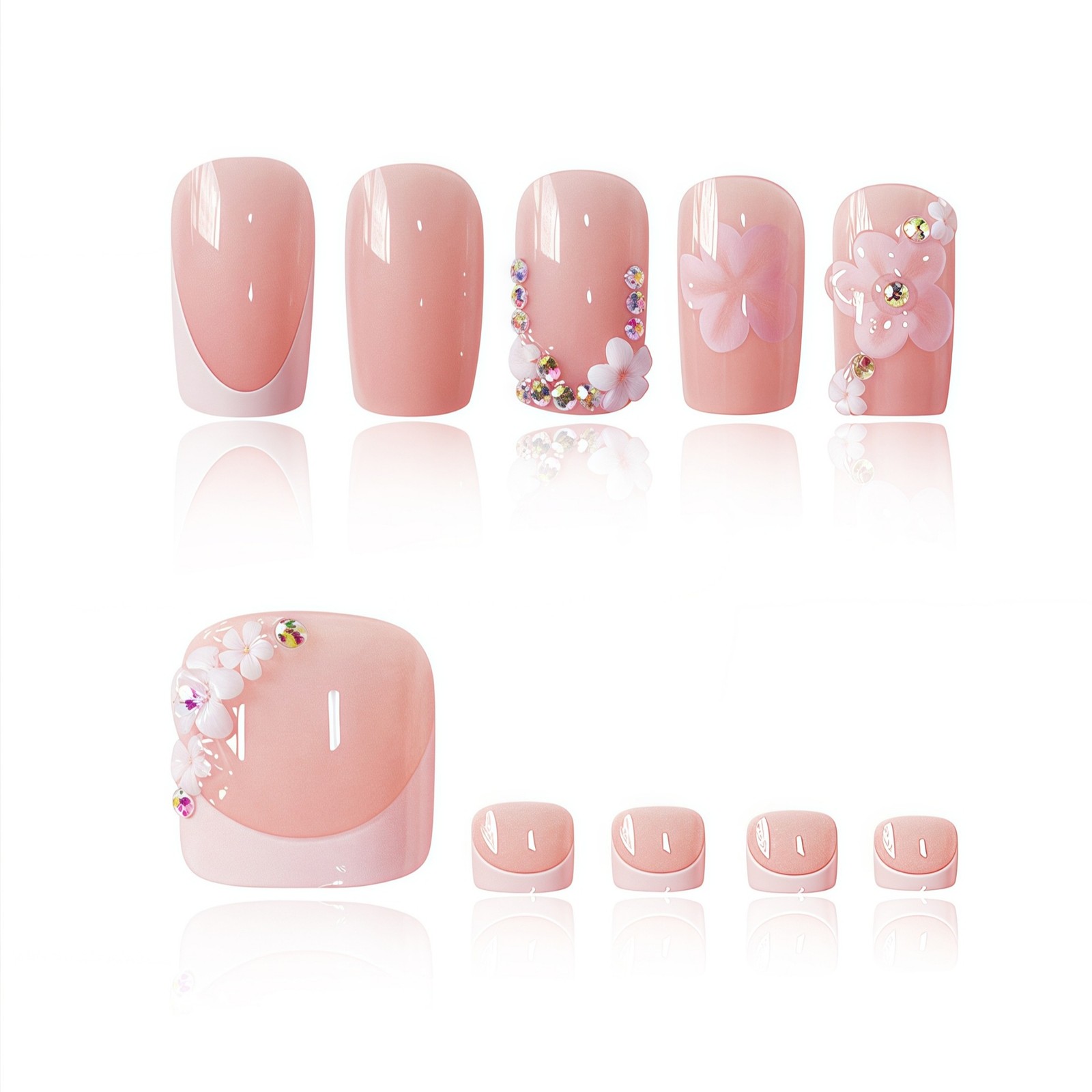 French White Tip Nude Base Floral Press On Nails Set Wholesale
