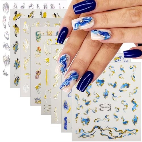 8 Sheets Marble Nail Art Sticker Gold Line Nail Stickers for Nail Gold Line-1