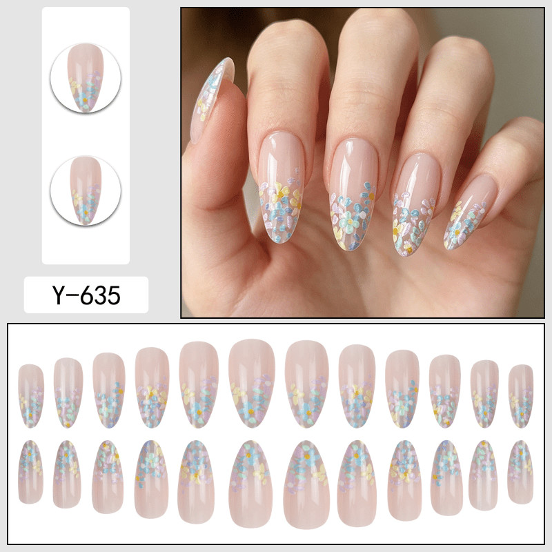 48pcs Short Oval Press on Nails, Clear Nude Macaron Floral Fresh Daily Nails
