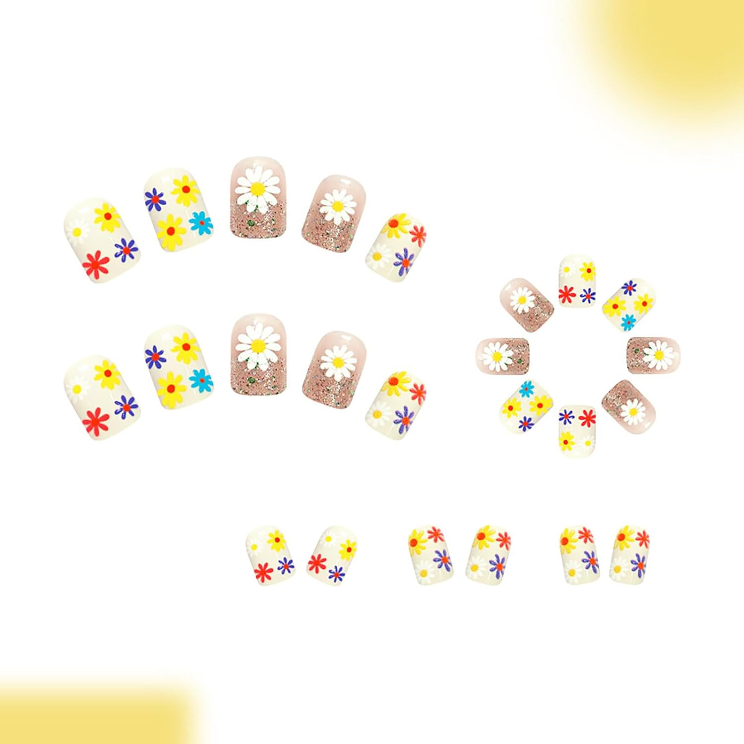 24Pcs Colorful Flower Press on Nails,Short Square Fake Nails with French Glitter