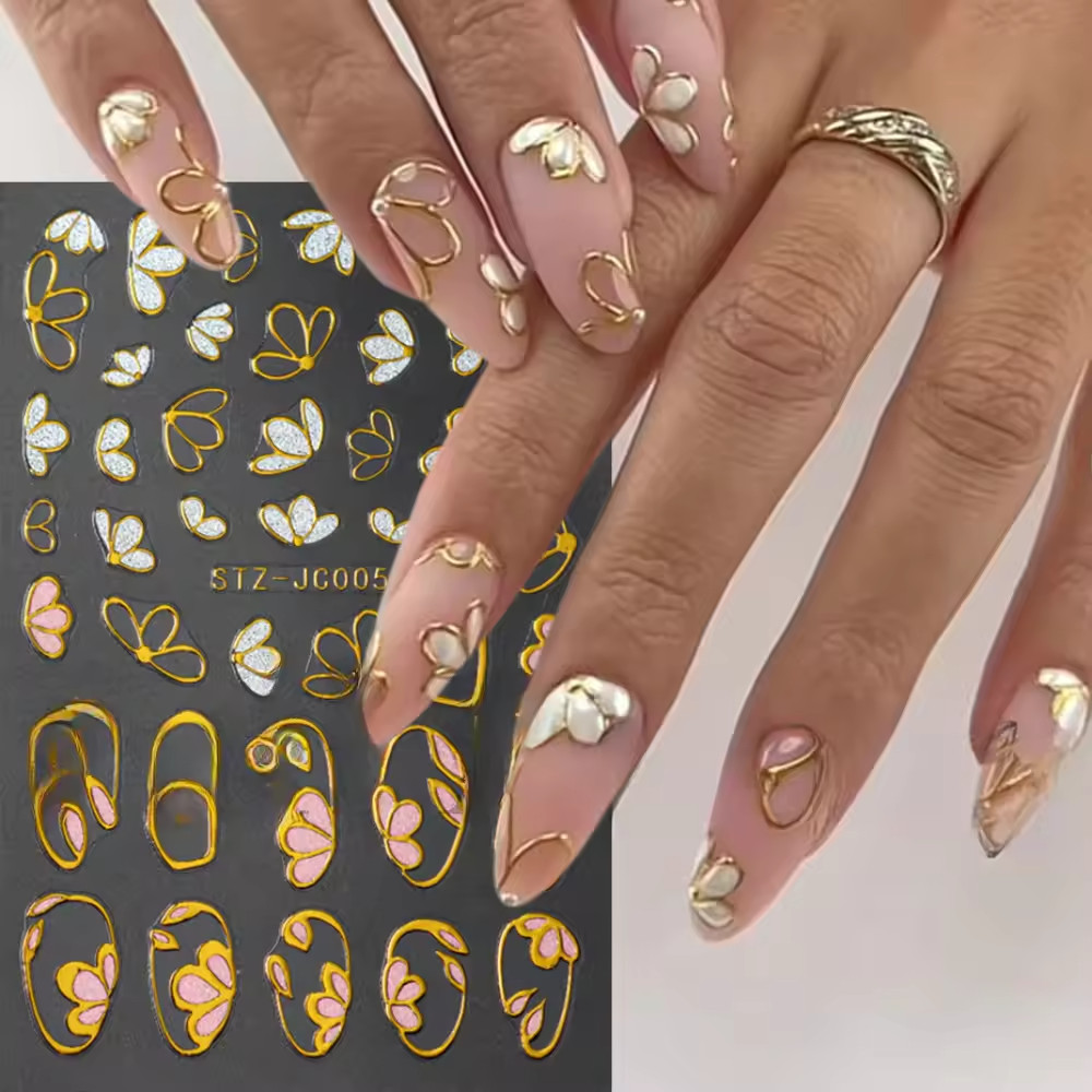 3D Pink Gold Flower Nail Stickers Metallic Floral Sakura Nail Art Decals DIY