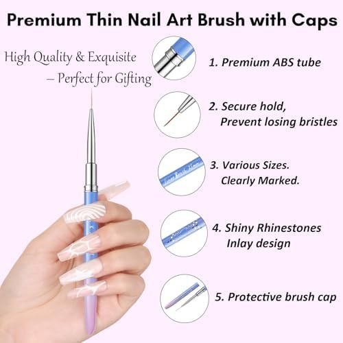 Makartt Nail Art Brushes Set: 5pcs Liner Brushes 7/9/11/15/25mm Thin Nail Art De
