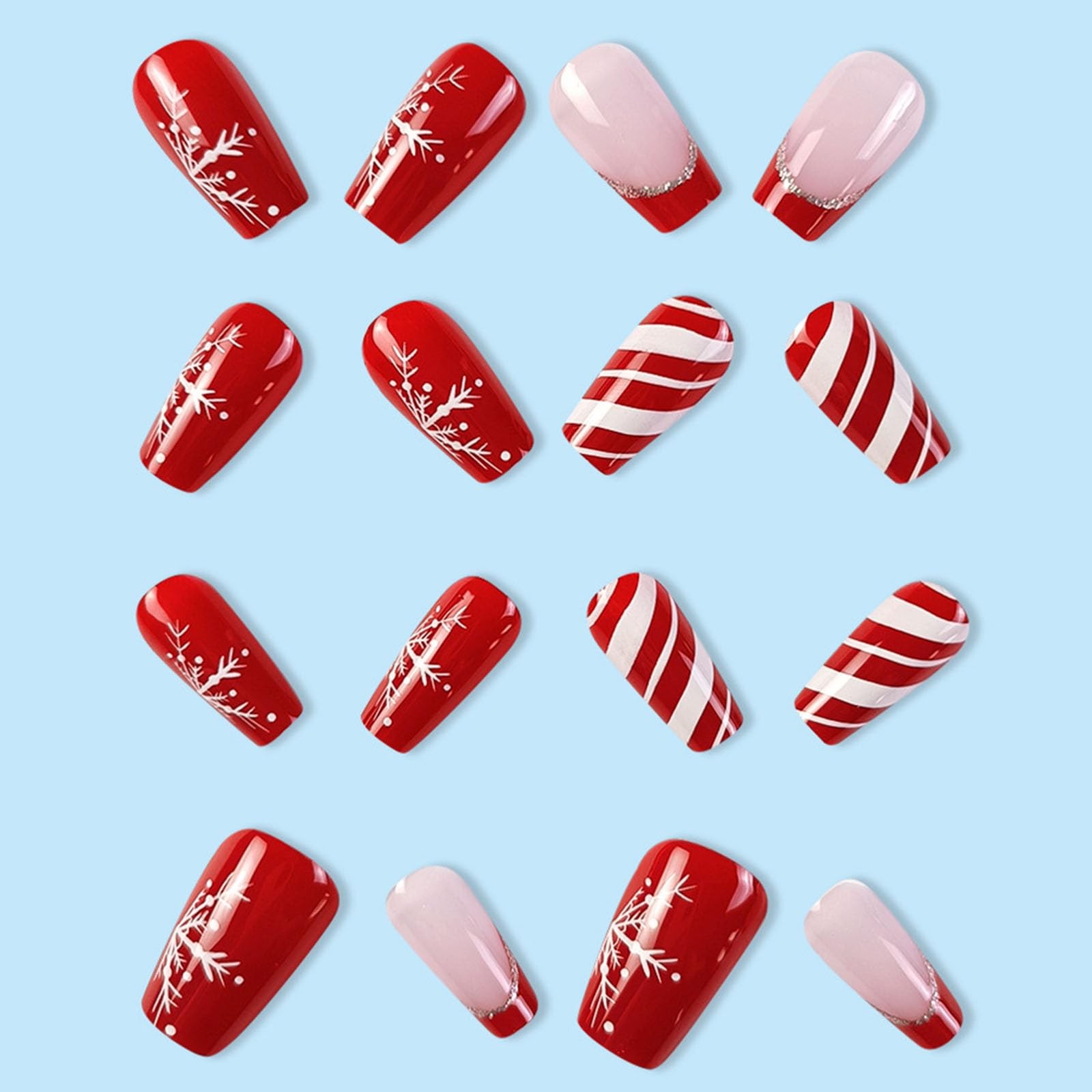 Christmas Coffin Press on Nails Short Red French Tip Fake Snowflake and Strip…