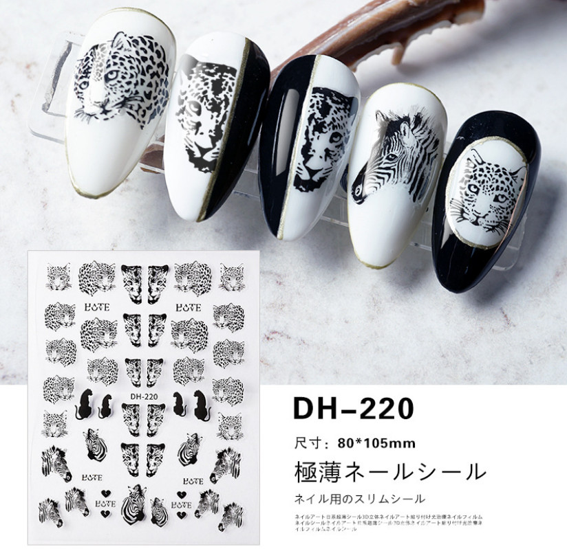 3D Nail Stickers Leopard Zebra Nail Art Decals Decoration DIY Black White NH12