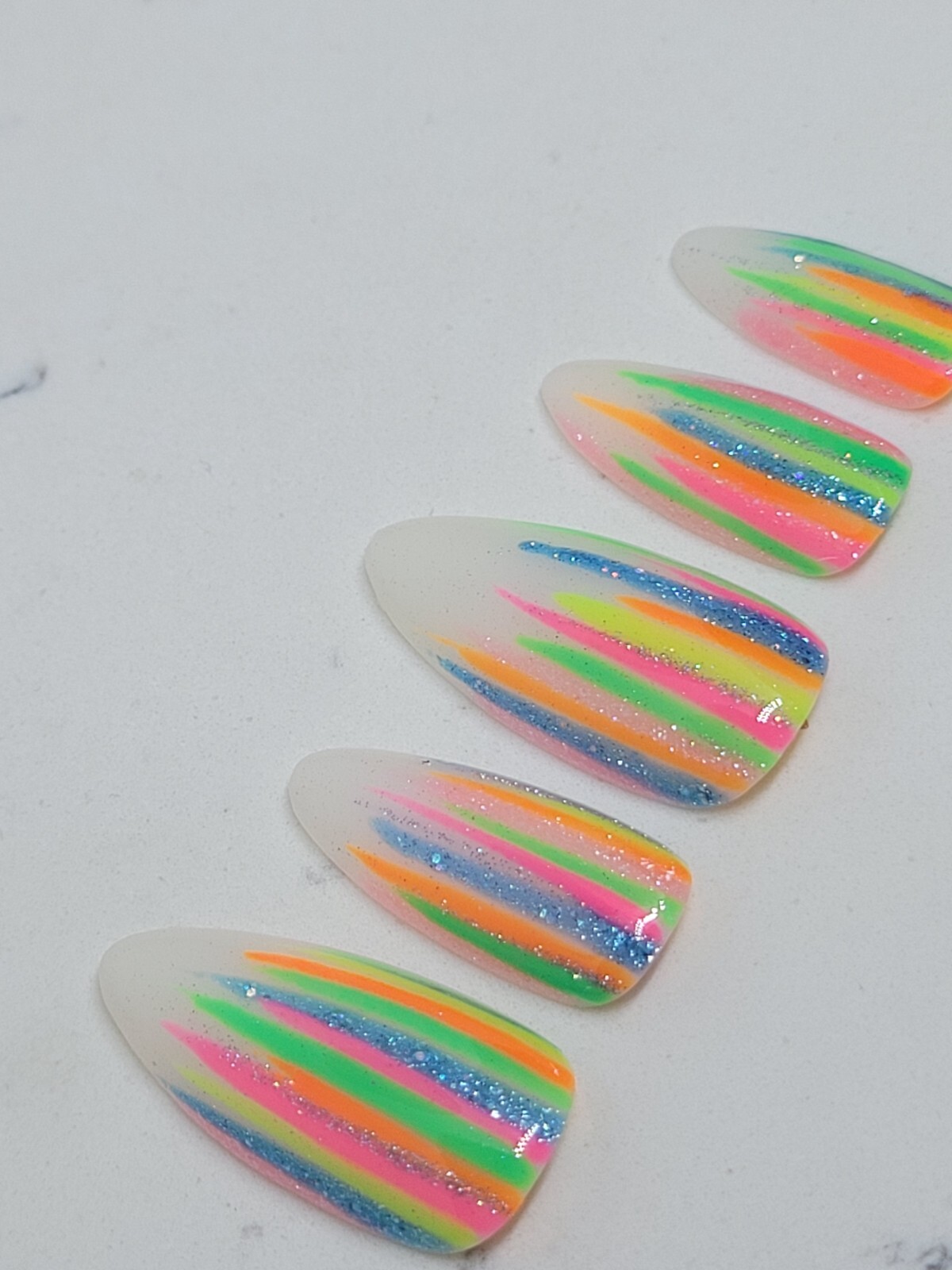 Custom Gel Press on Nails Handmade 10 pc set SMALL neon rainbow stripes glitter