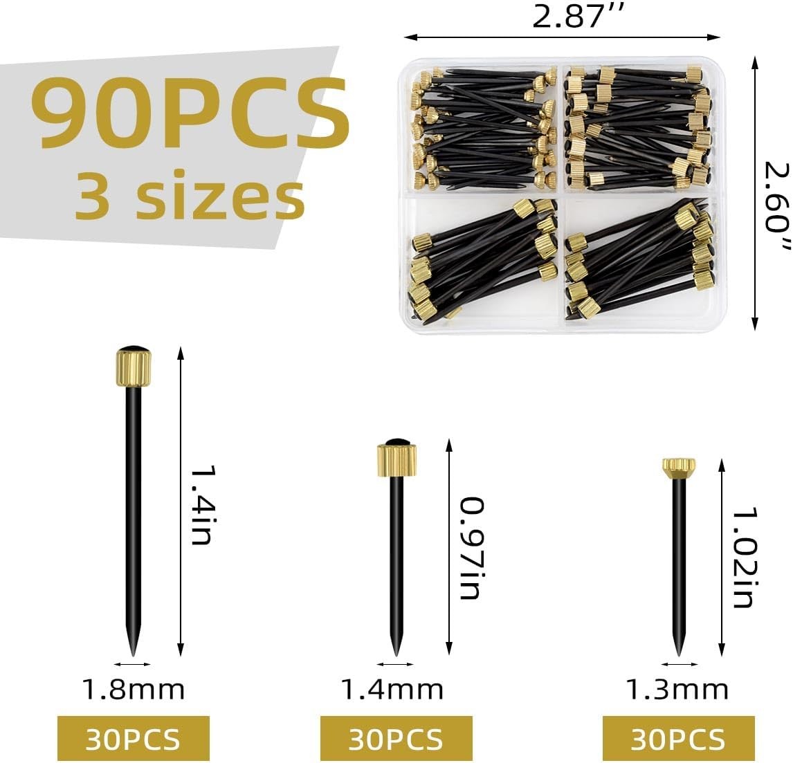 90pcs Picture Hanging Nails Black Steel & Brass Head with Storage Box