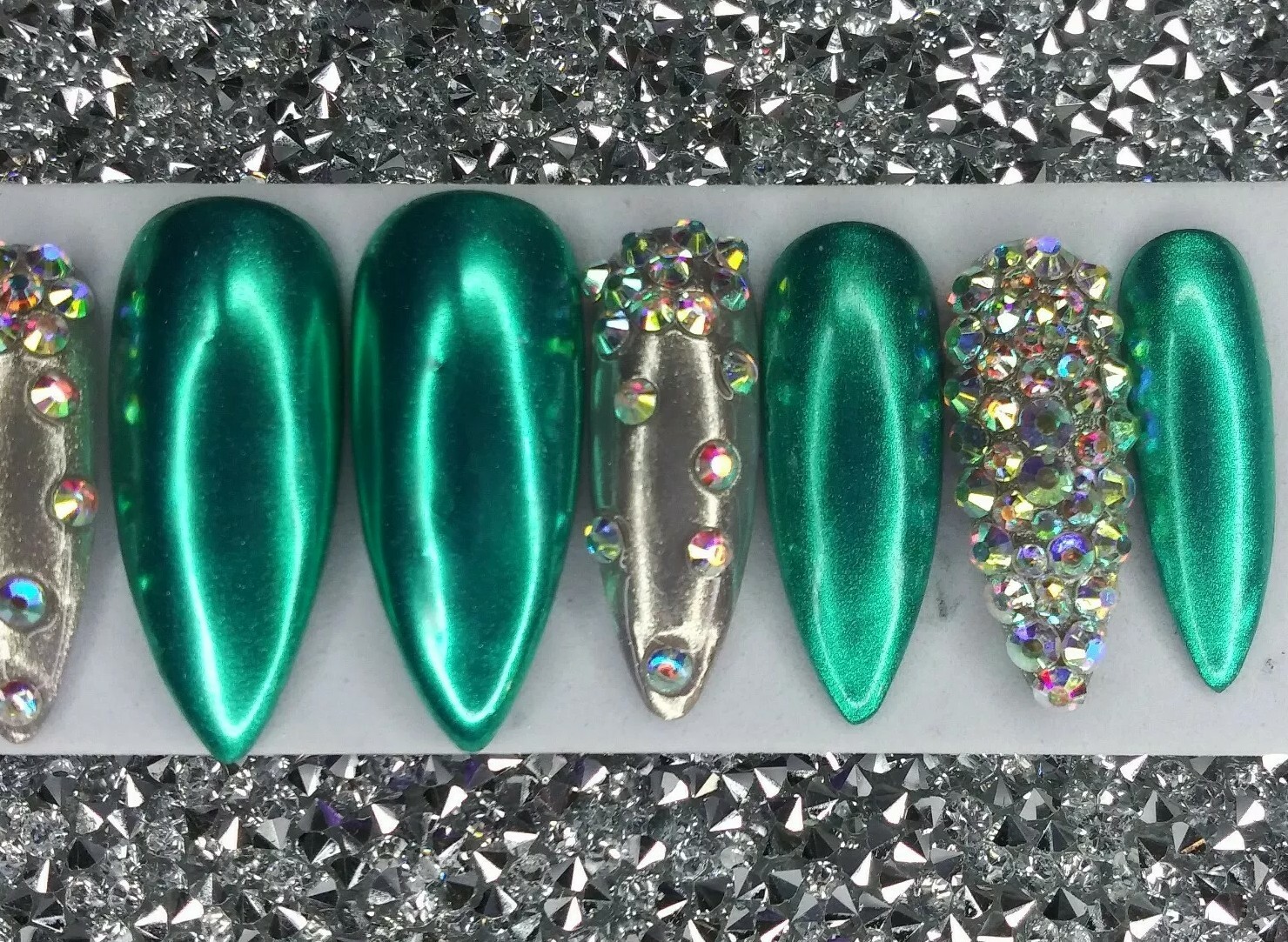 Teal & silver chrome stiletto bling nails green crystal emerald Christmas set