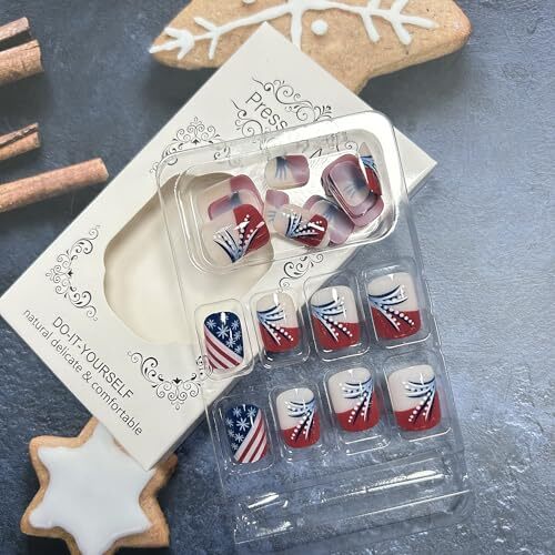 Independence Day Press on Nails Short Square Stripe Wave Red French and Dots