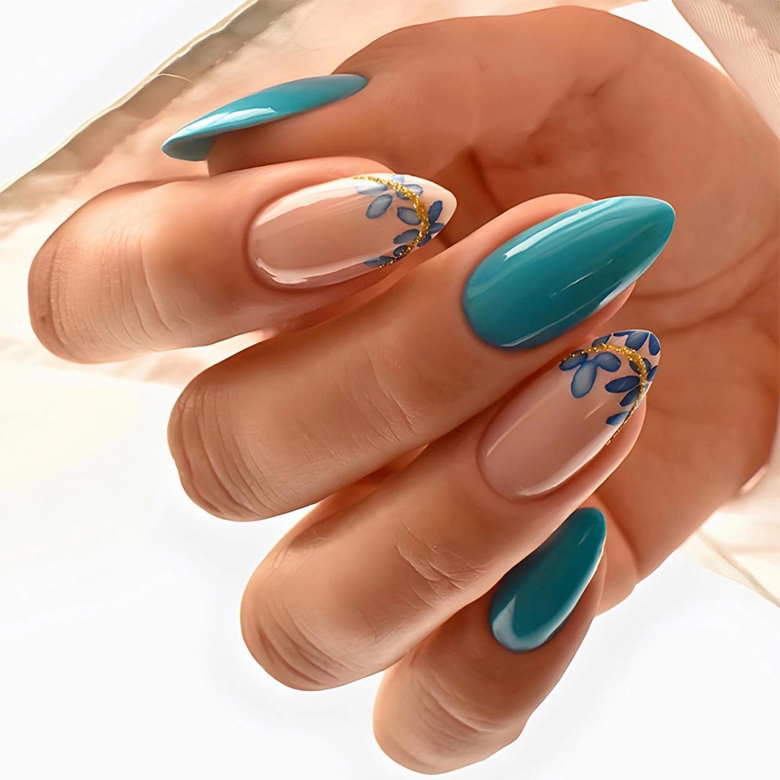 Almond Press on Nails Medium Fake Nail Lake Blue Glue ons Leaf Flower French …