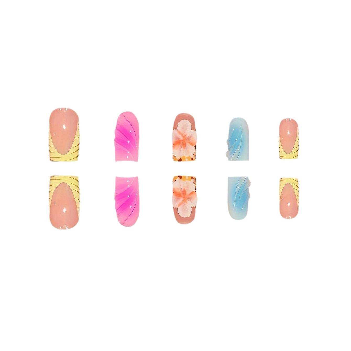 24Pcs Rainbow Gradient 3D Flower Press On Nails Bright Colorful Design
