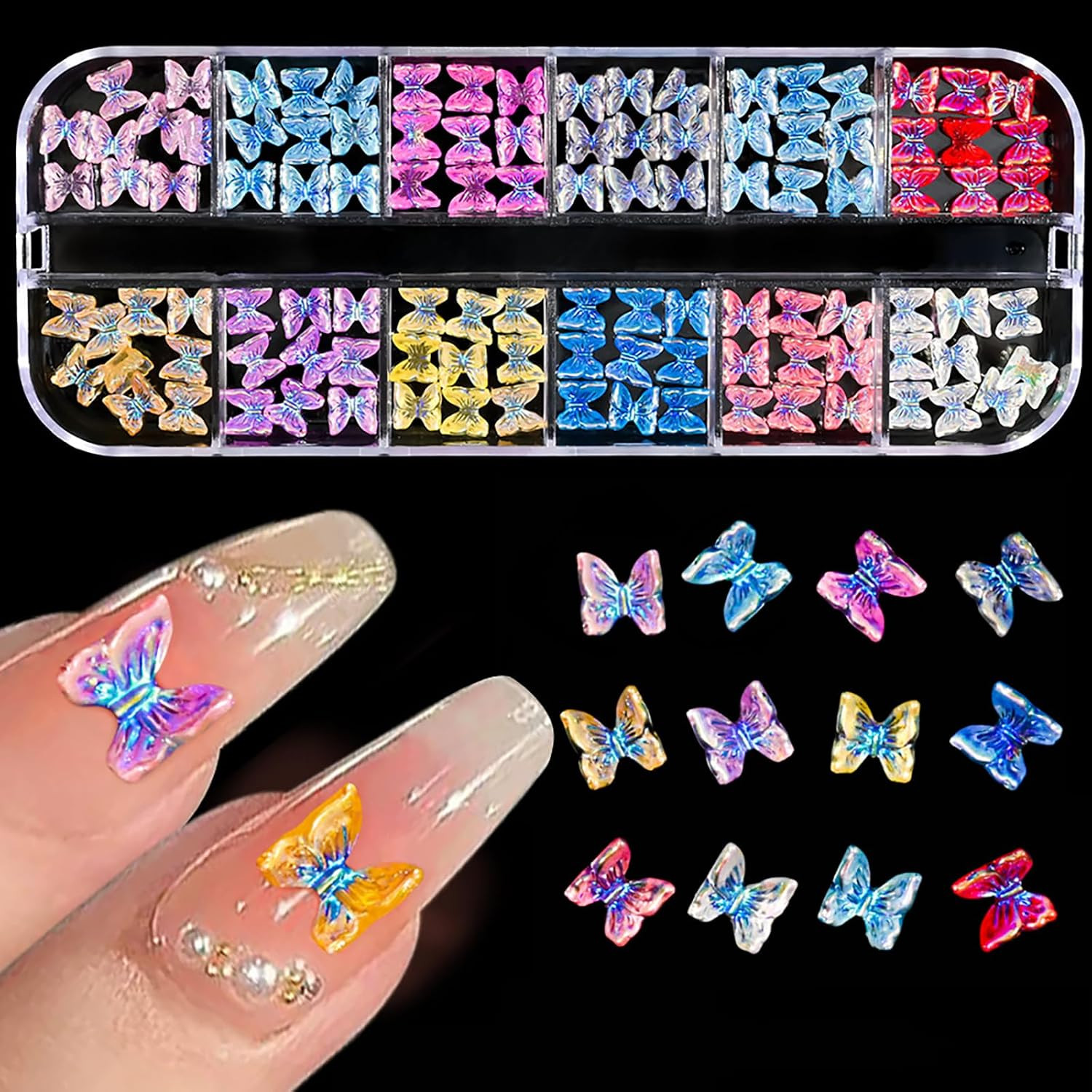 12 Colors Gradient Butterfly Nail Art Accessories, 3D Holographic Iridescent Nai