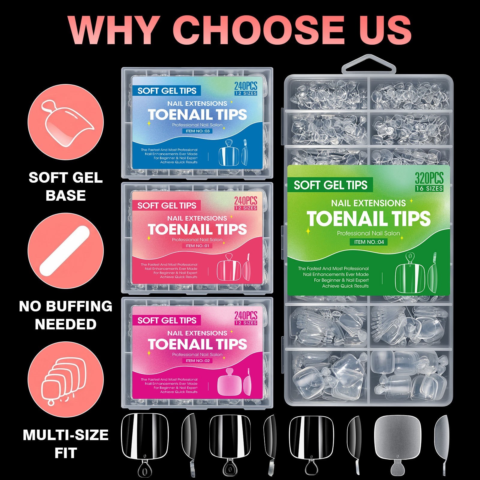 240Pcs Soft Gel Toenail Tips Full Cover Press On False Nails for Pedicure 12Size
