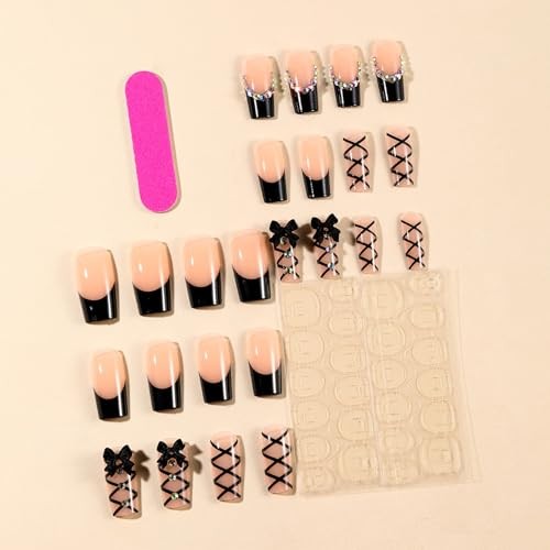 Black French Tip Press on Nails Medium Long Rhinestone Bow Diamond Colorful -12