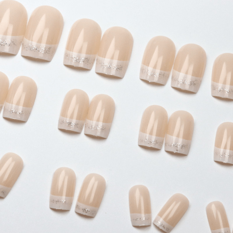 48Pcs-Daily Square False Nails Nude Glitter White French Gradient Press on Nails