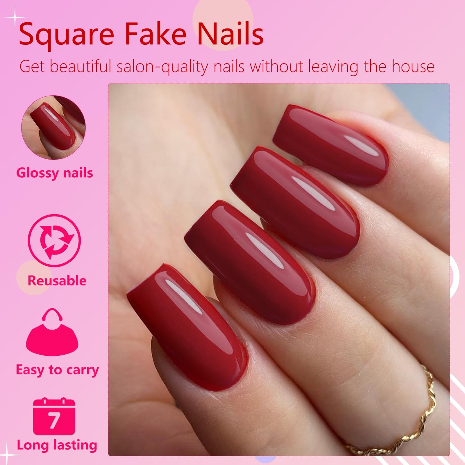 AddFavor 240pcs Red Press on Nails Medium Square Fake Nails, 10 Size,