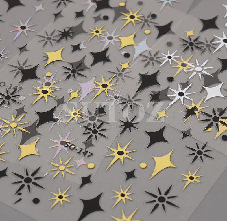 3Sheets Black Gold Silver Star Sun French Tips Nail Stickers Manicure NH18