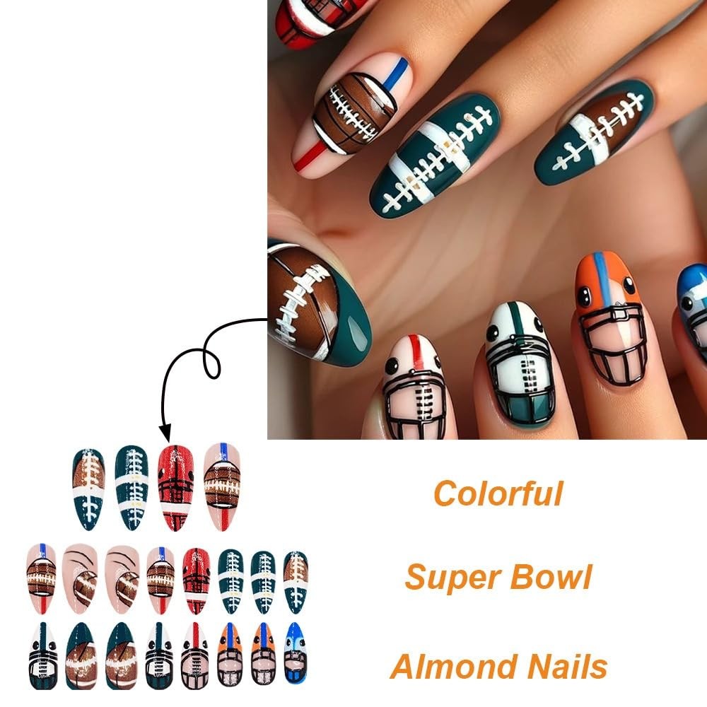 Football Press on Nails Medium Almond Fake Nails Acrylic Cute Football Helmet…