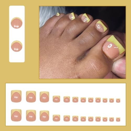 Press on Toenails Yellow Width French Toe Press on Nails Tips Kit Design TF12