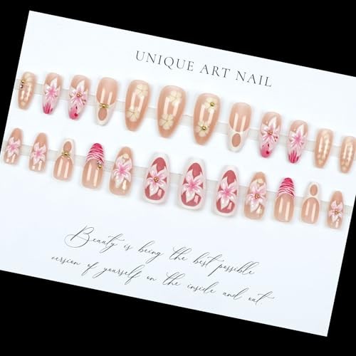 24pcs Summer Flower Press on Nails Medium Almond Fake Nails 3D Hibiscus style04
