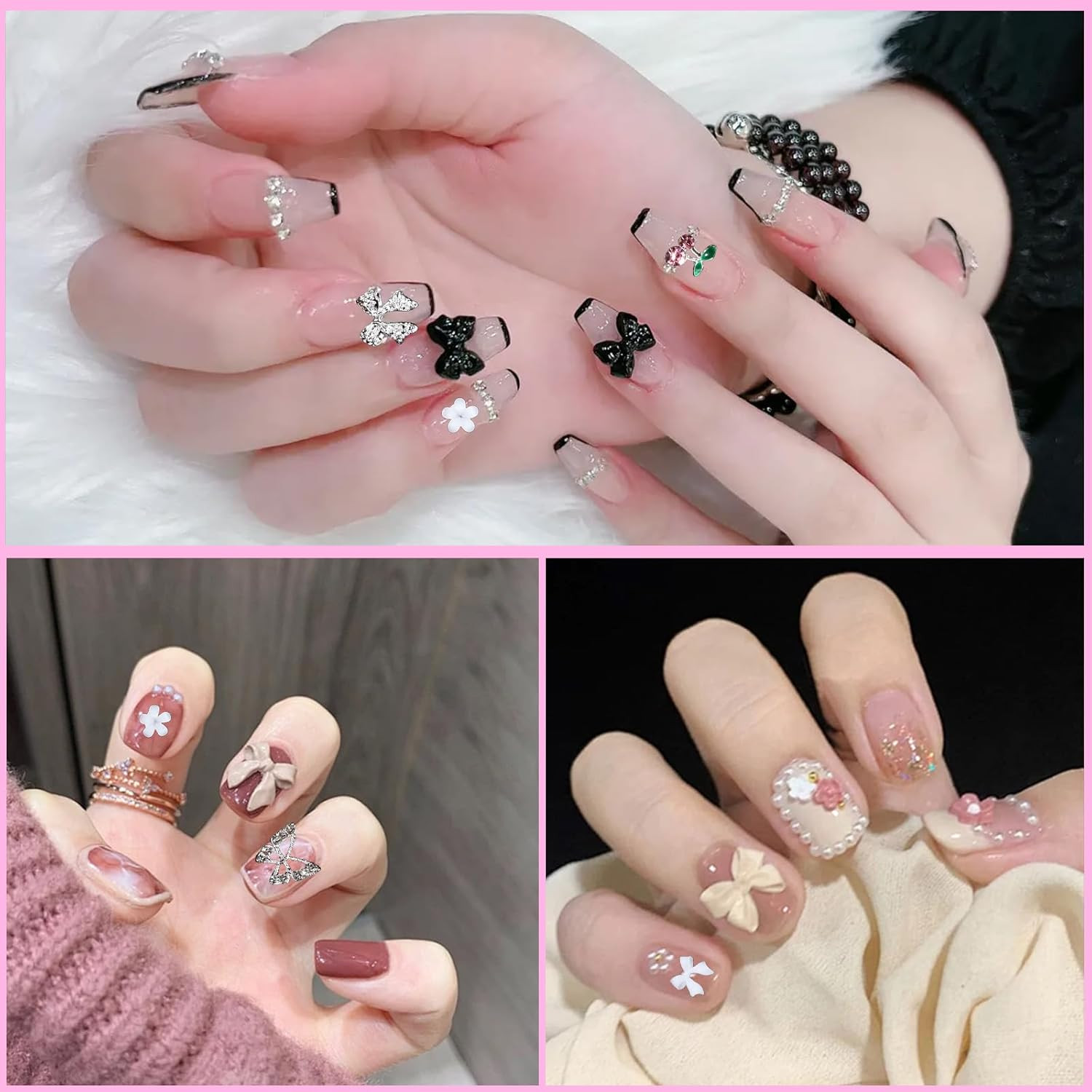 3D Bows Nail Charms, Pink Color White Red Black Bows Flowers Pearls Nail Charms,