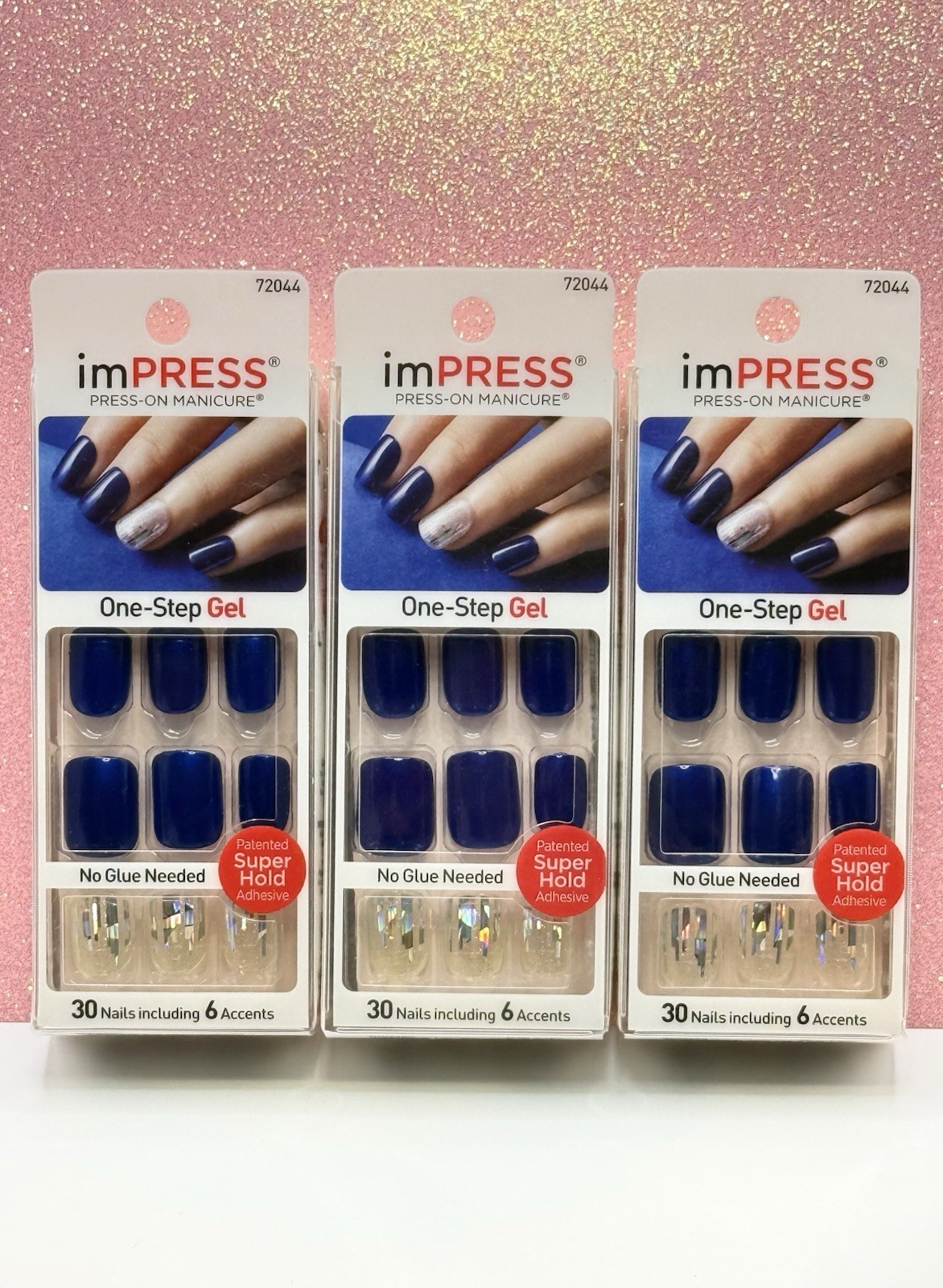 Kiss imPRESS No Glue Press-On Nails Sapphire Blue Glitter 72044 Lot Of 3