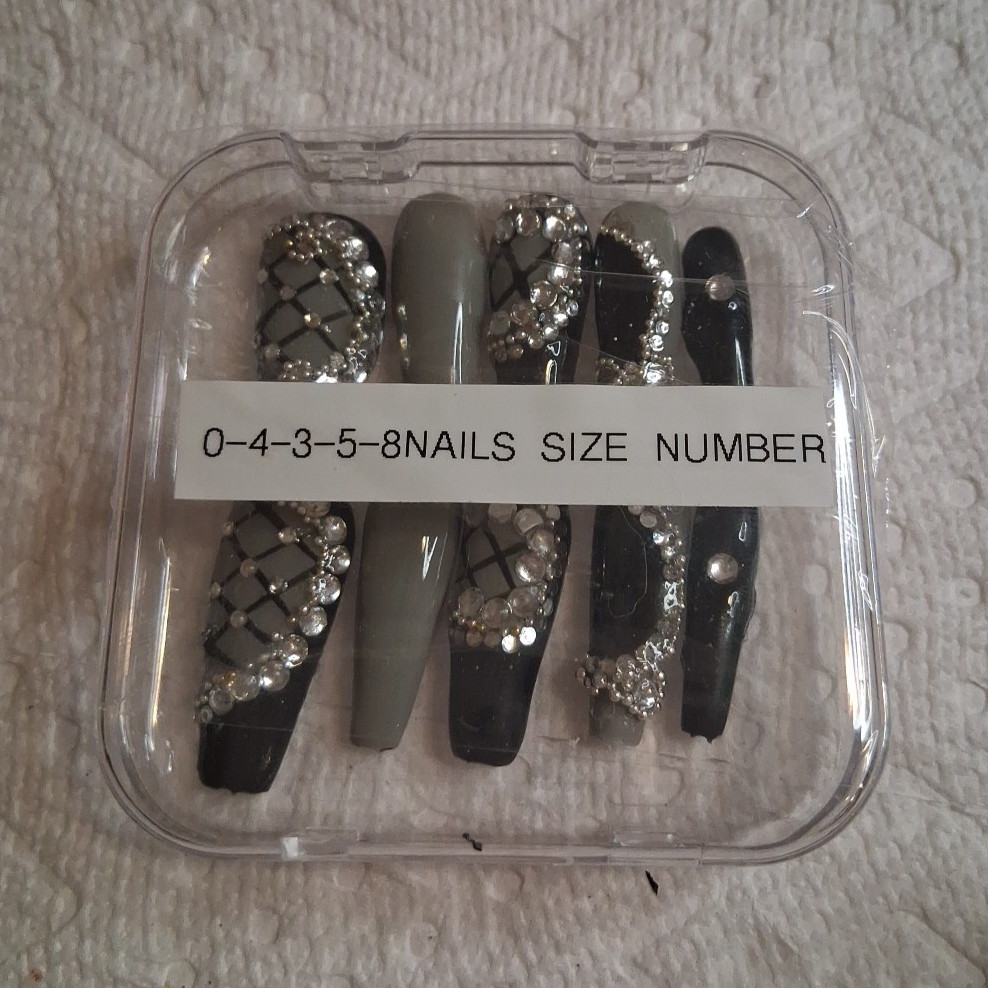 black gray silver 3D shiny long coffin press-on nails set