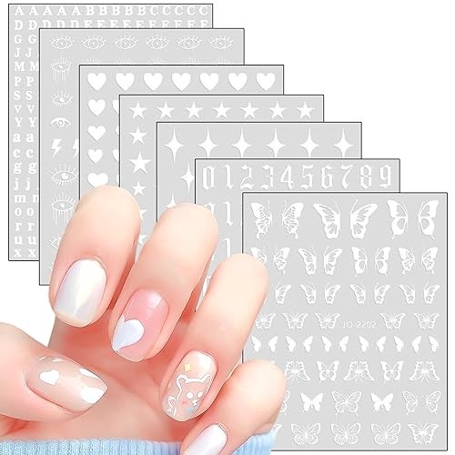 7 Sheets Nail Art Stickers, 3D Geometry Nail Transfer Decals, Butterfly White