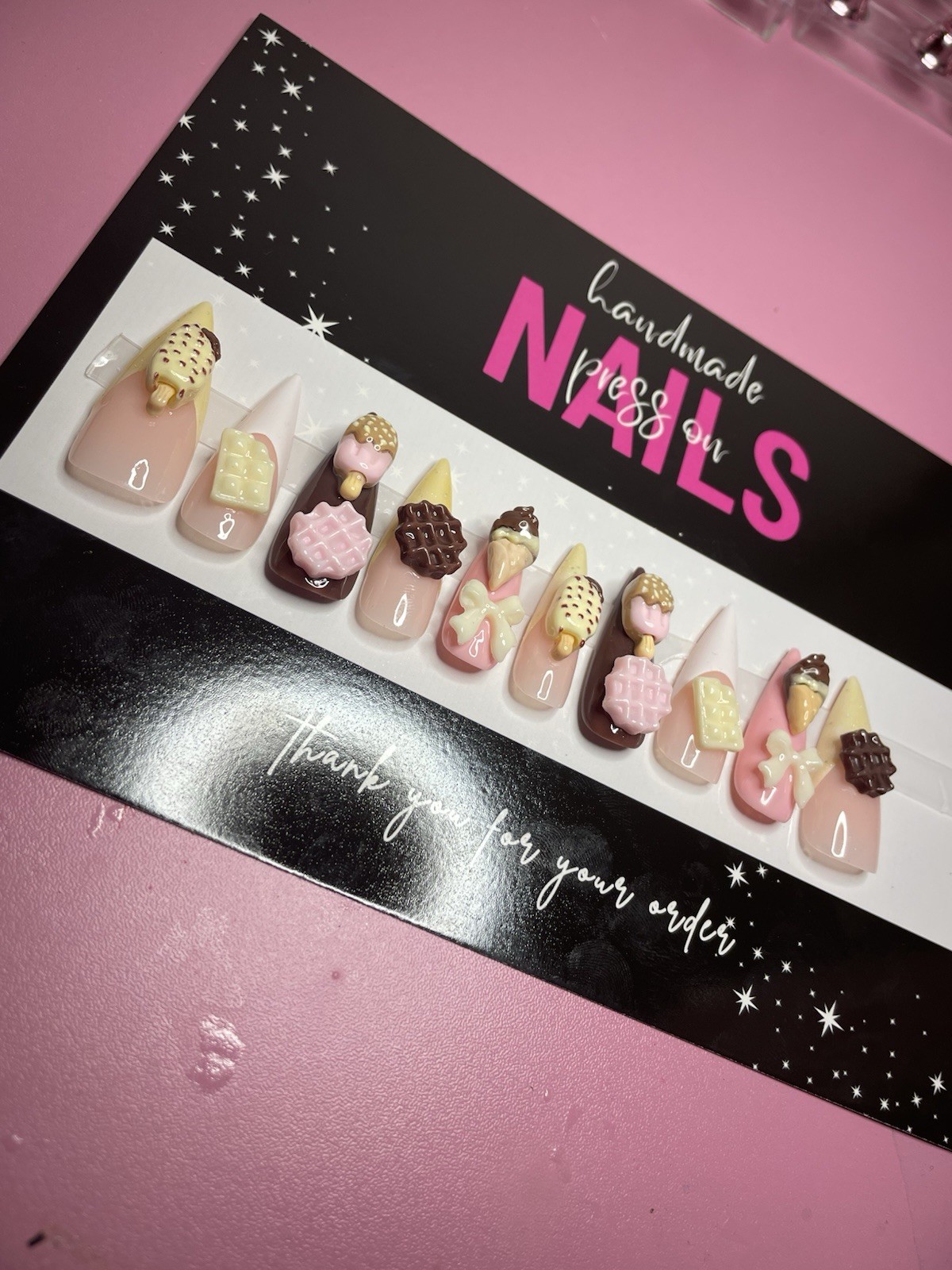 Pink Nude Brown White 3D Ice Cream Press-On Nails Long Stiletto Full Cover Set