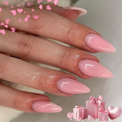 Rose Pink Press on Nails Medium Stiletto Almond, Glossy Press Glossy Rose Pink