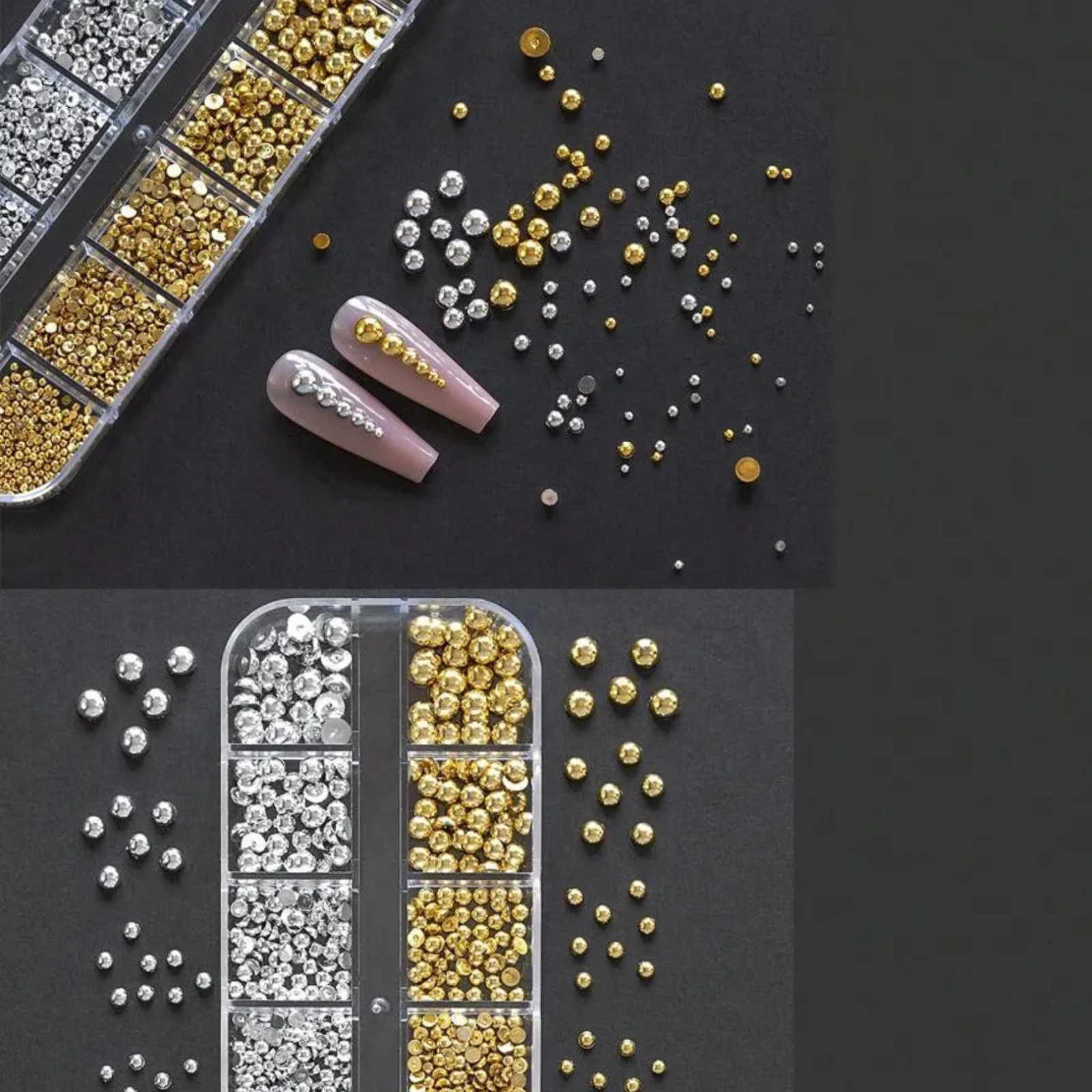 Nail Pearls 12 Grids Half Round Flat-Back Metallic DIY Nail Faux Beads for Women