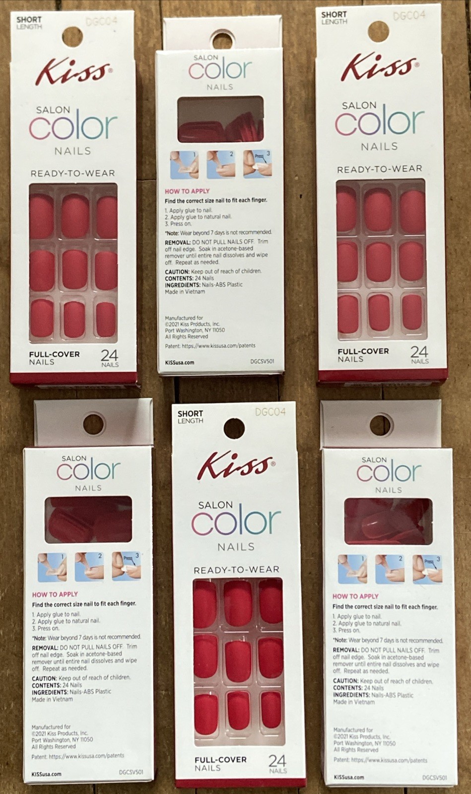 Set / 6 Boxes Kiss Nails – Matte Red Ready To Wear Short Length 24 Count /Box