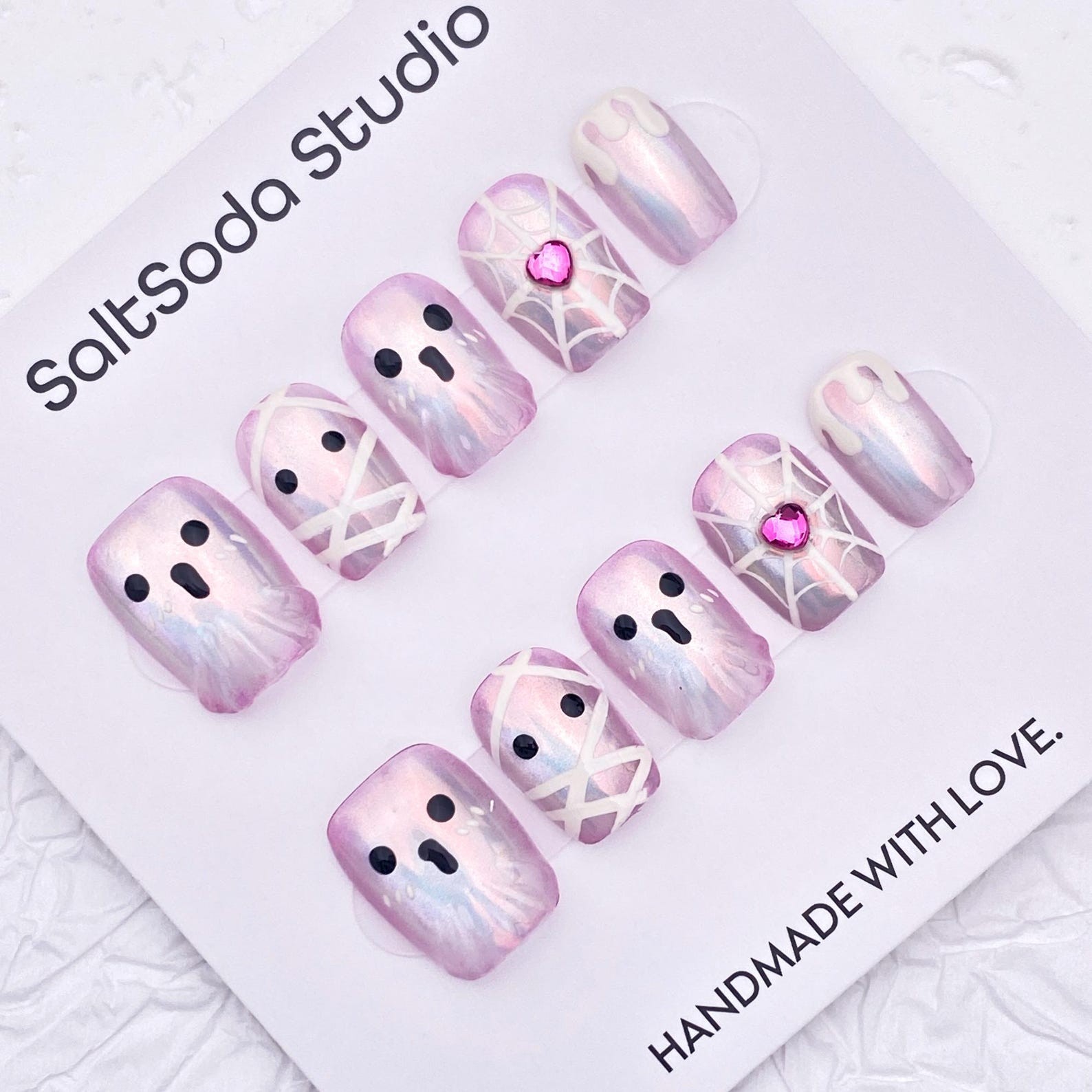 Custom Handmade Halloween Mummy Ghost Spider Web Heart Gem Square Press on Nail