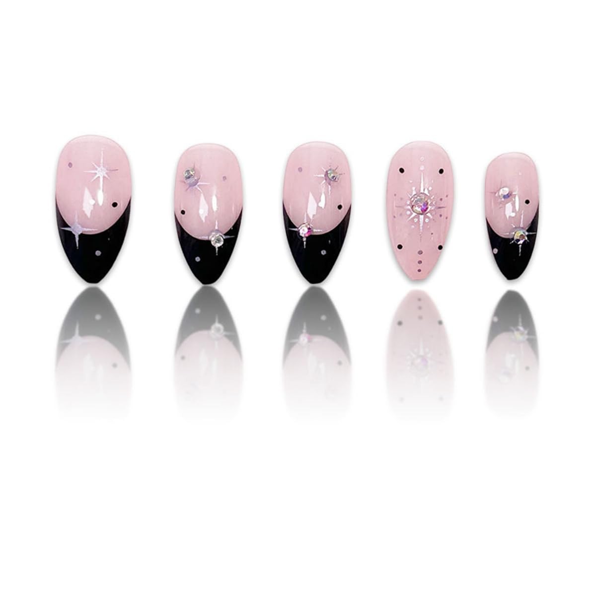 Black French Tip Press on Nails Almond Glue on Nails Medium Length Nude Pink …