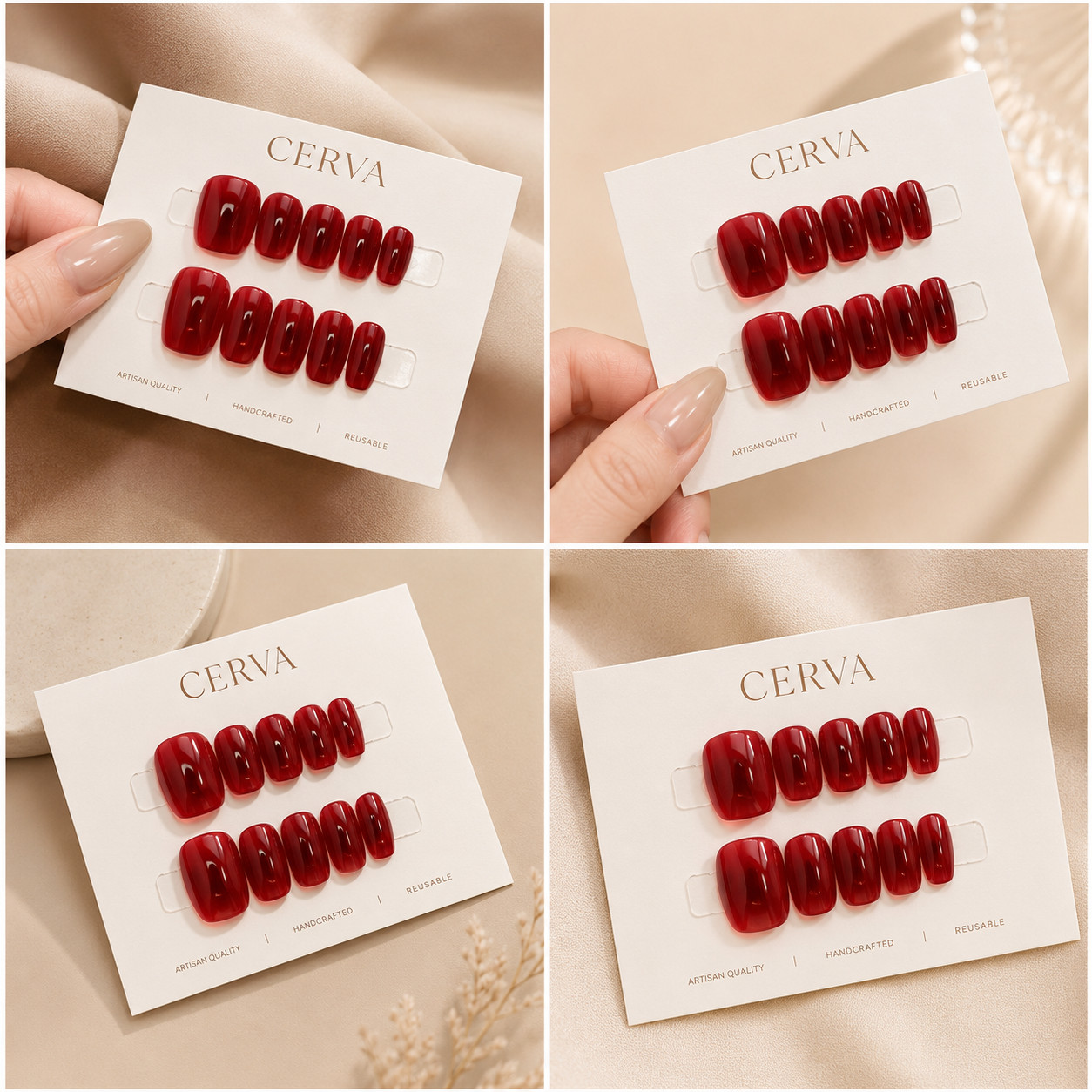 Handmade Deep Red Press On Nails Coffin Glossy Gel Luxury Reusable Fake Nails