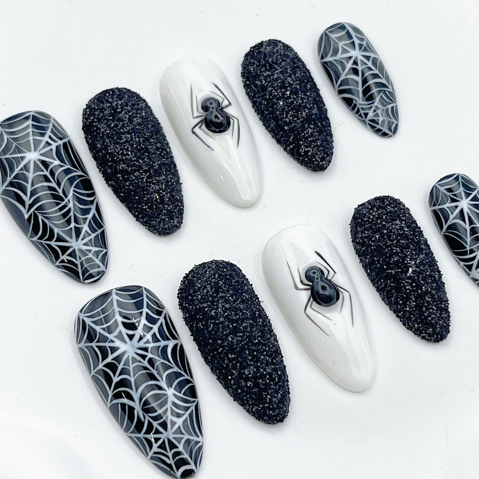 Custom Handmade Black Glitter Spider Web Almond Halloween Press on Nails