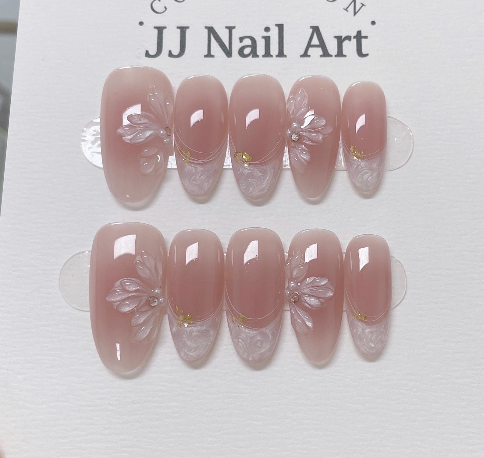 Handmade Sheer Pink 3D Wing Gold Foil Rhinestone Medium Oval Press on Nails