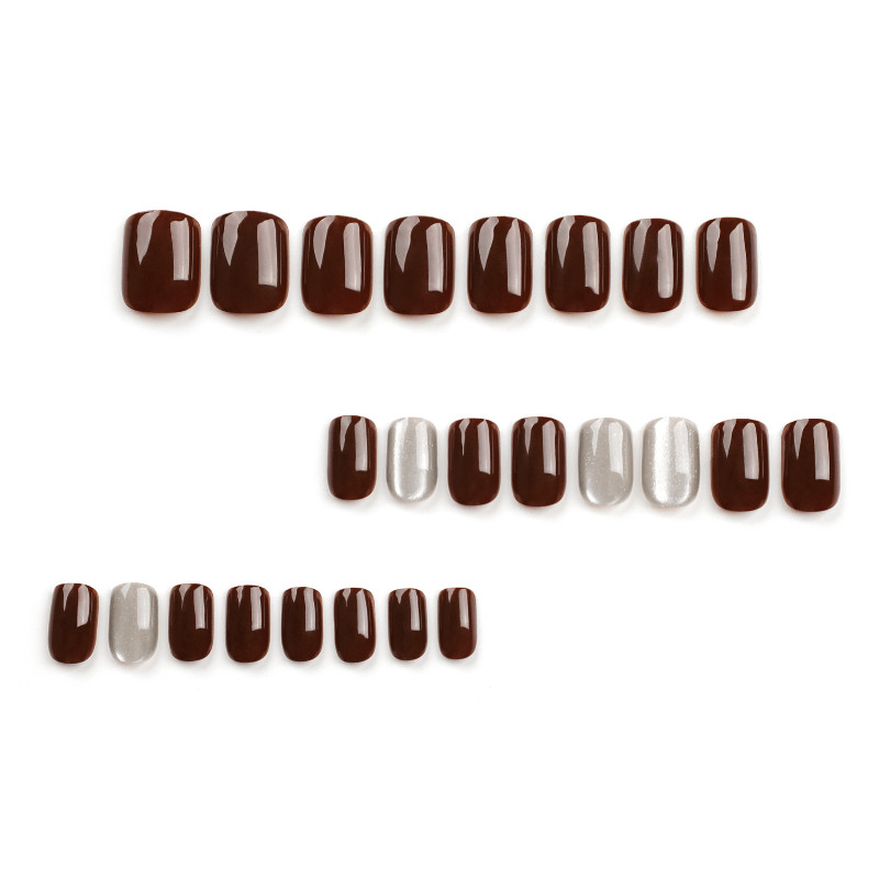 48pcs Short Square Press on Nails, Dark Brown Silver Glitter Gloss Nails
