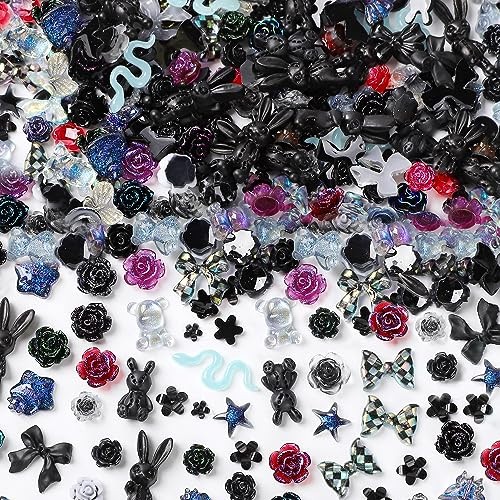 110 Pieces 3D Nail Charms for Acrylic Nails, Camellia Rose Flower Black