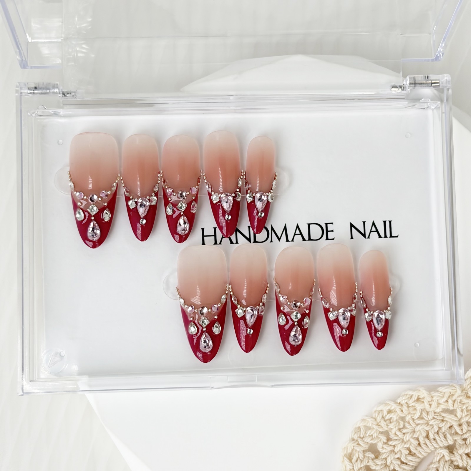 Red Brown Ombre Press-On Nails with Rhinestone Band Luxury Handmade Almond Nails
