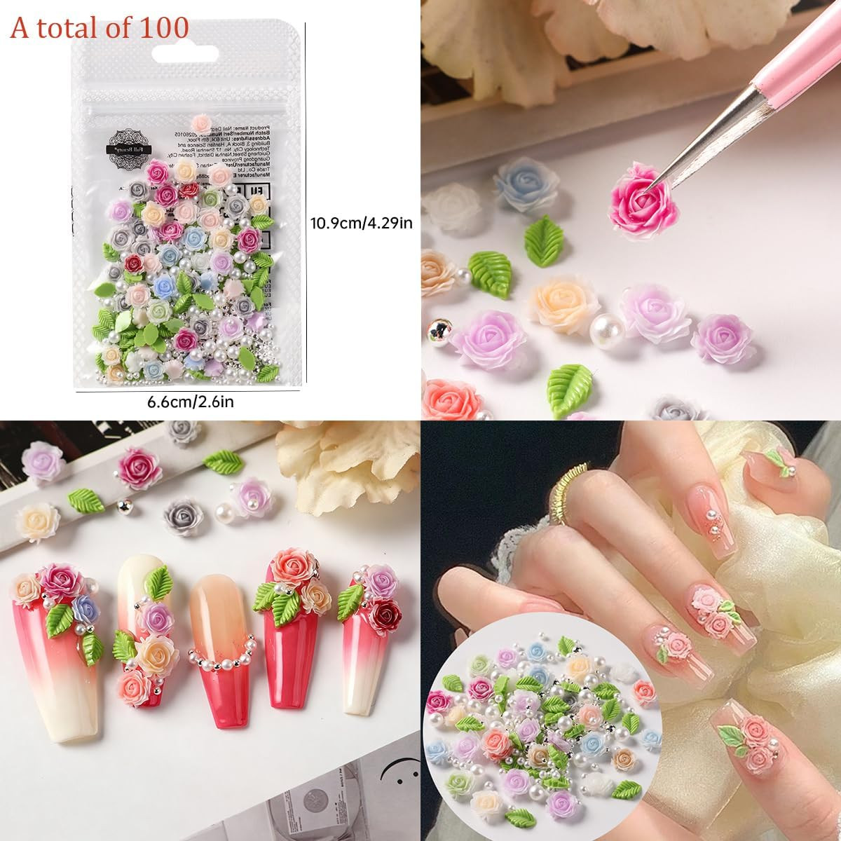 100Pcs Spring Resin Rose Nail Charms with Pearls Leaves 3D Floral Nail Art Charm