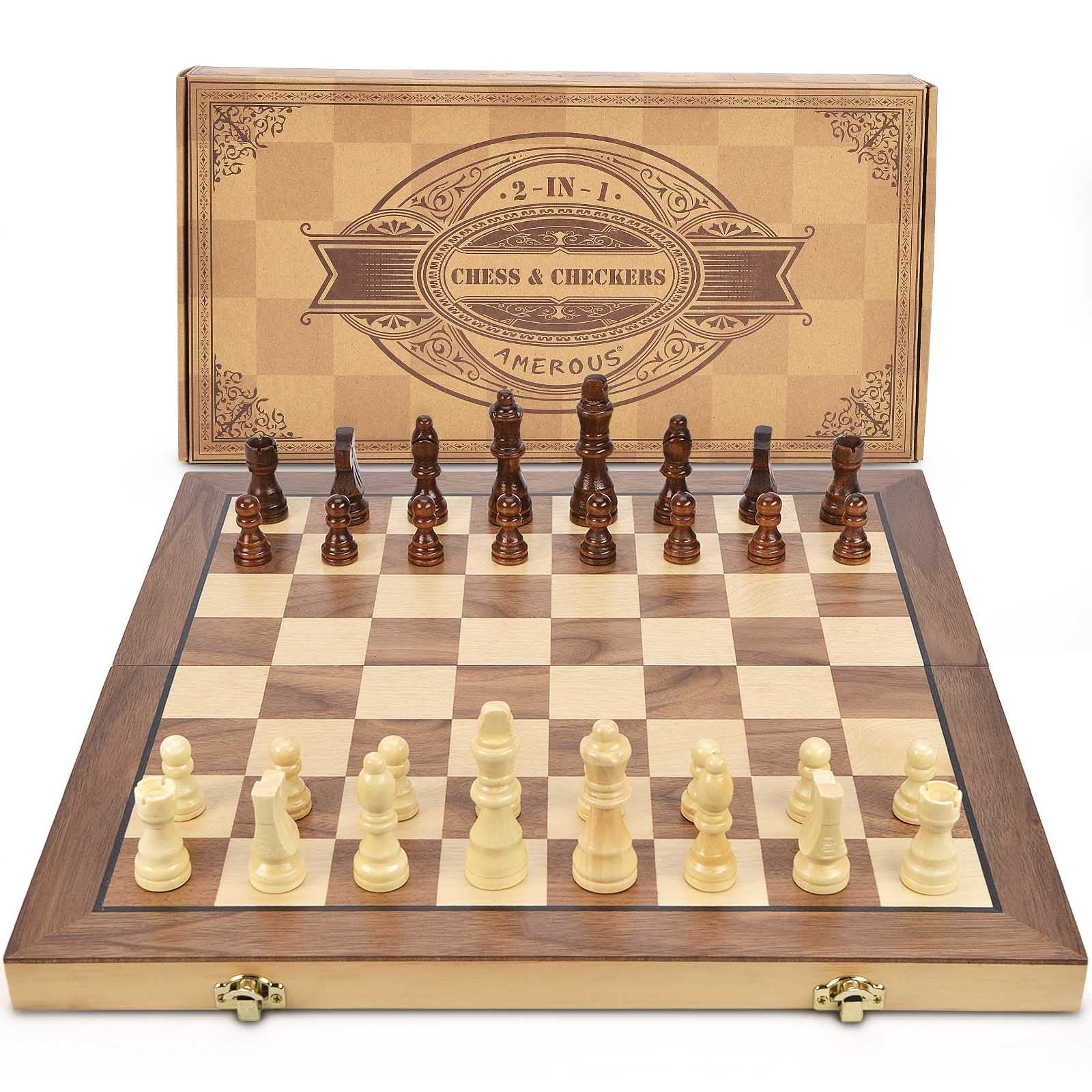 AMEROUS 15” Magnetic Wooden Chess & Checkers Game Set -2 Extra Queens Brown