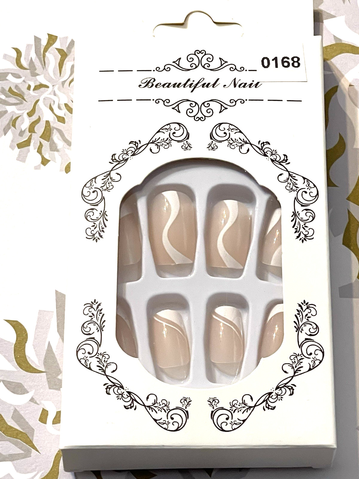 For Wonderful Nail Collection NUDE with WHITE FRENCH TIP SWIRL Press On Manicure