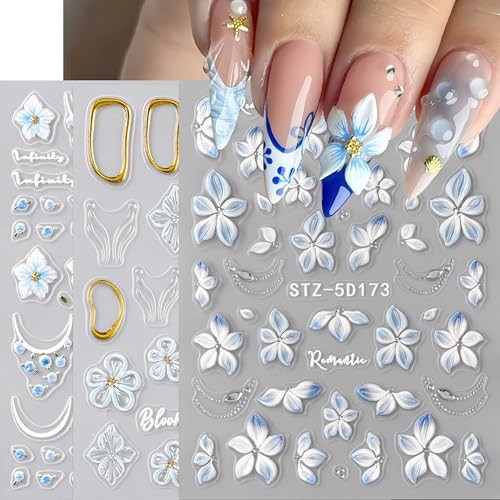 3 Sheets Summer Flowers Nail Stickers 5D Embossed Self Adhesive Blue Style01