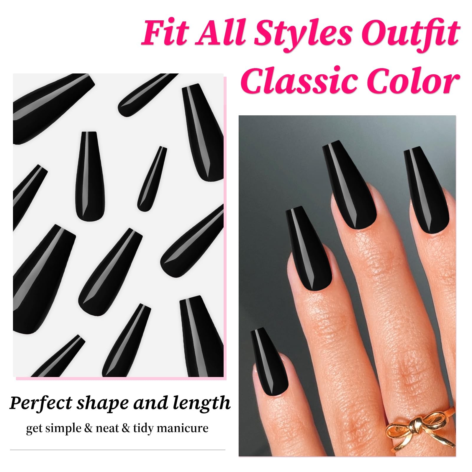 100pc Colored Coffin Press on Nails Long 100 Piece Assortment, Black