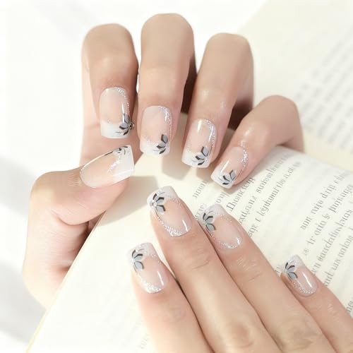 Press on Nails – Shiny Short Flower Glitter Deco Ombre False Nails | UV L5431