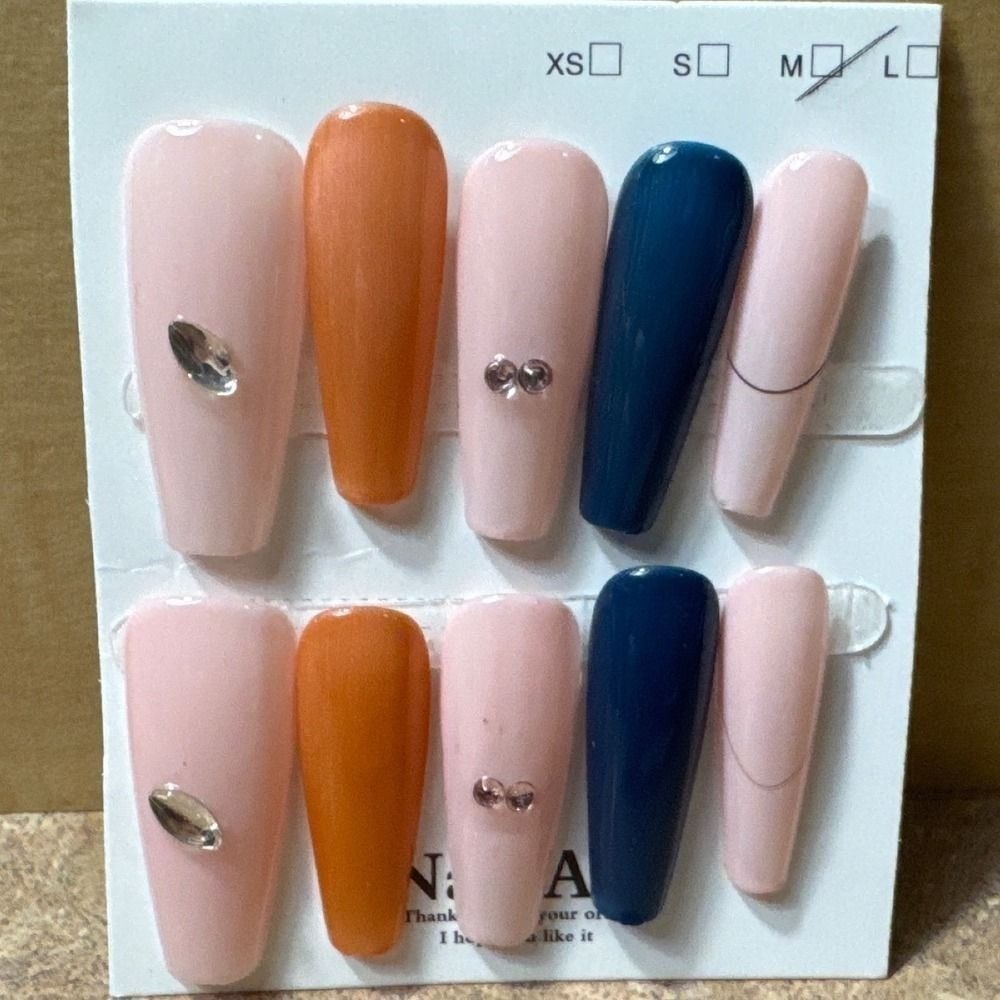 Press On Nails Long Coffin Pink Orange Navy Blue Rhinestone Size Medium